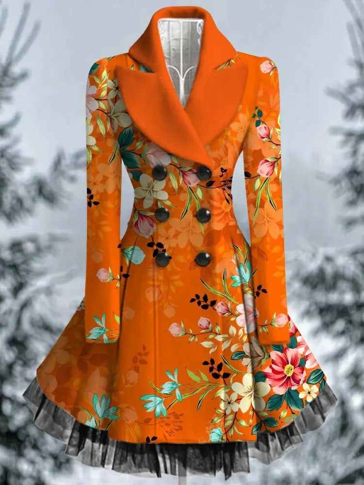 Floral Art Print Vintage Elegant Lapel V-Neck Button Up Long Sleeve Coat Dress